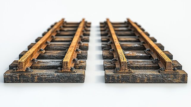 Two parallel rusty train tracks on white.