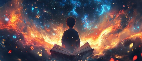 A dreamy and colorful illustration of a boy surrounded by swirling letters and glowing colors