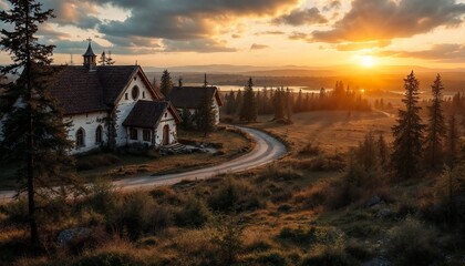Sunset Landscape with Country Church and Winding Road