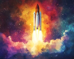 A dynamic watercolor depiction of a rocket launching