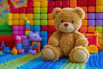 Cute teddy bear sitting on colorful playmat surrounded by vibrant building blocks and toys in a cheerful children's playroom setting.