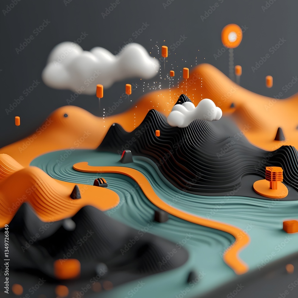 Poster hypnotic and immersive digital visualization of a flowing topographic terrain landscape depicting re