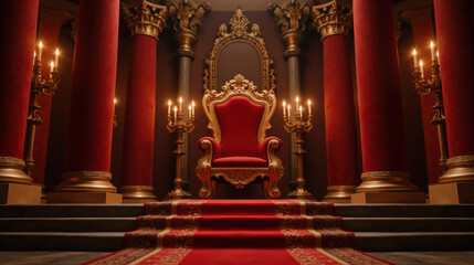 Luxurious throne in opulent room with red pillars and golden accents, creating regal atmosphere