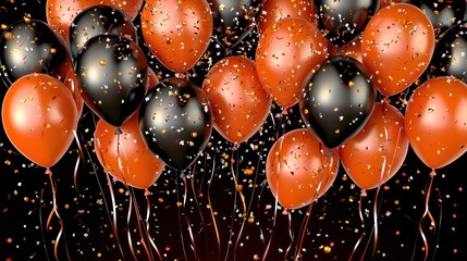 Halloween party balloons, orange and black, confetti falling, celebration background