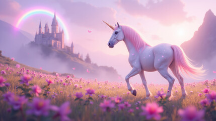 Naklejka premium majestic unicorn walks through vibrant meadow filled with flowers, with castle in background and rainbow in sky, creating magical scene