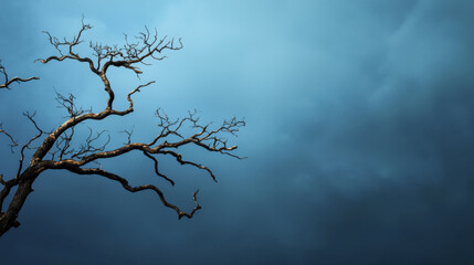 surreal tree with twisted branches against moody blue sky evokes sense of mystery and tranquility