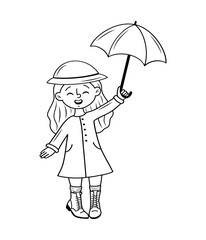 The girl under the umbrella. Drawing of a joyful girl with an umbrella. Vector graphics, hand-drawn, stock cartoon illustration.