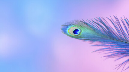 Obraz premium vibrant peacock feather with iridescent colors against soft pastel background, showcasing nature beauty and elegance