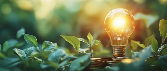 A light bulb illuminated on a stack of coins, with green leaves sprouting around, symbolizing the growth of innovative ideas and successful investment