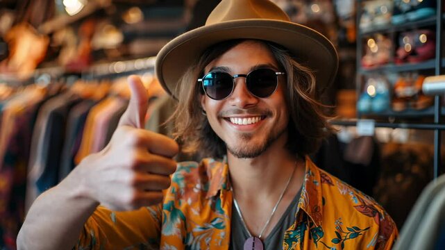 Young man with stylish hat and sunglasses gives thumbs up in trendy clothing store