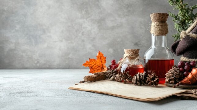 Autumnal elixir display on aged parchment