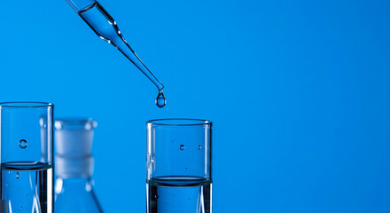 Close up of Pipette Dropping Liquid into Test Tubes on Blue Background Science Lab Experiment