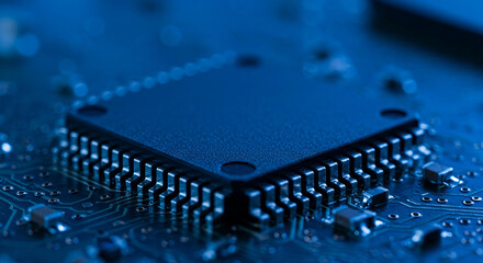 Close up of Microchip Integrated Circuit on Circuit Board Technology Background