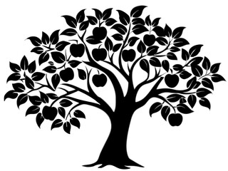 Black Silhouette of a Lush Apple Tree with Branches, Leaves, and Hanging Fruits in Nature