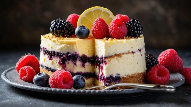 Delicious Creamy Cheesecake Topped with Fresh Berries Lemon and Served on a Dark Plate on a Dark Background a Mouthwatering Dessert Ready to Eat