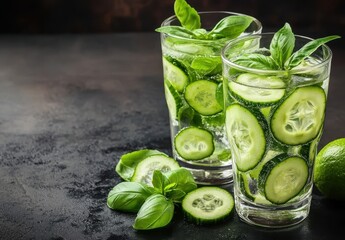 Refreshing cucumber basil drinks served in tall glasses on a dark textured background, perfect for summer gatherings or healthy lifestyle promotions