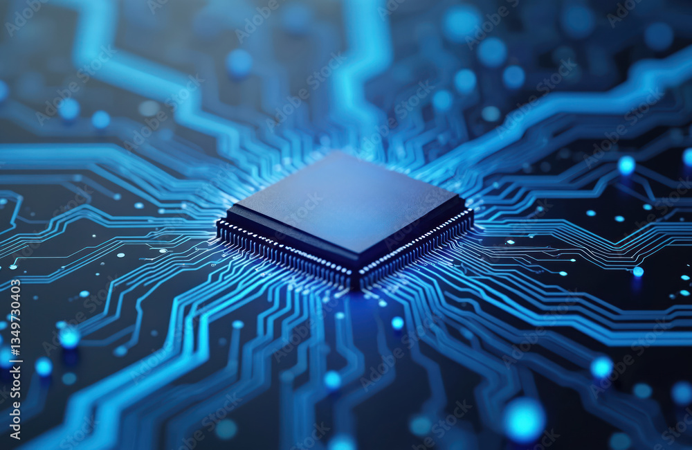 Leinwandbilder circuit board with microchips and connections. blue network system, big data flow, cyber blockchain 