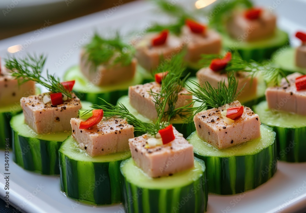 Poster refreshing cucumber bites with creamy topping and colorful garnish for gourmet party appetizer plati