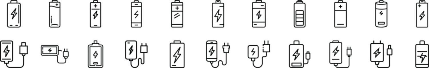 Collection of various battery icons depicting different types, sizes, charging states, and power levels. Line art style.