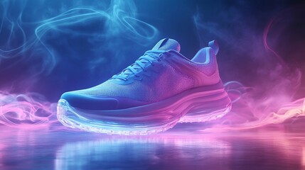 Futuristic running shoe with neon lighting and smoke.