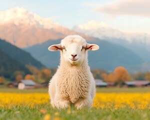 Fototapeta premium Cute Lamb with Mountain Meadow.