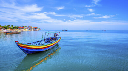 colorful fishing boat floats on calm waters under bright blue sky, surrounded by distant boats and serene coastal landscape