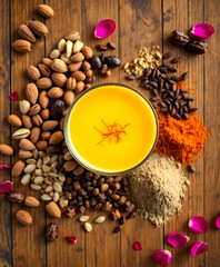 Aromatic Food Photography: Traditional Chai with Almond Milk, Saffron, Turmeric, and Nuts on Wooden Background