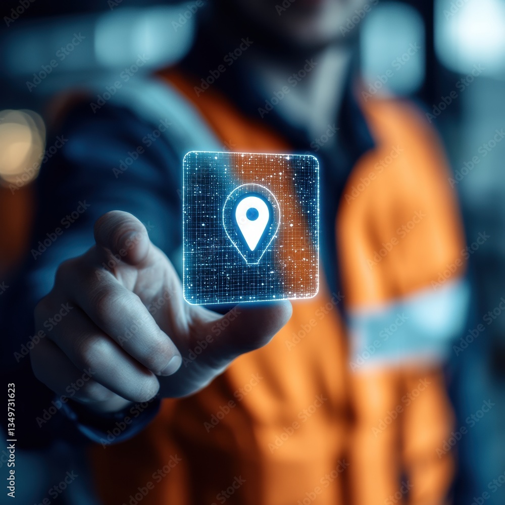 Poster precision location: a close-up shot features a person holding a glowing location icon, symbolizing p