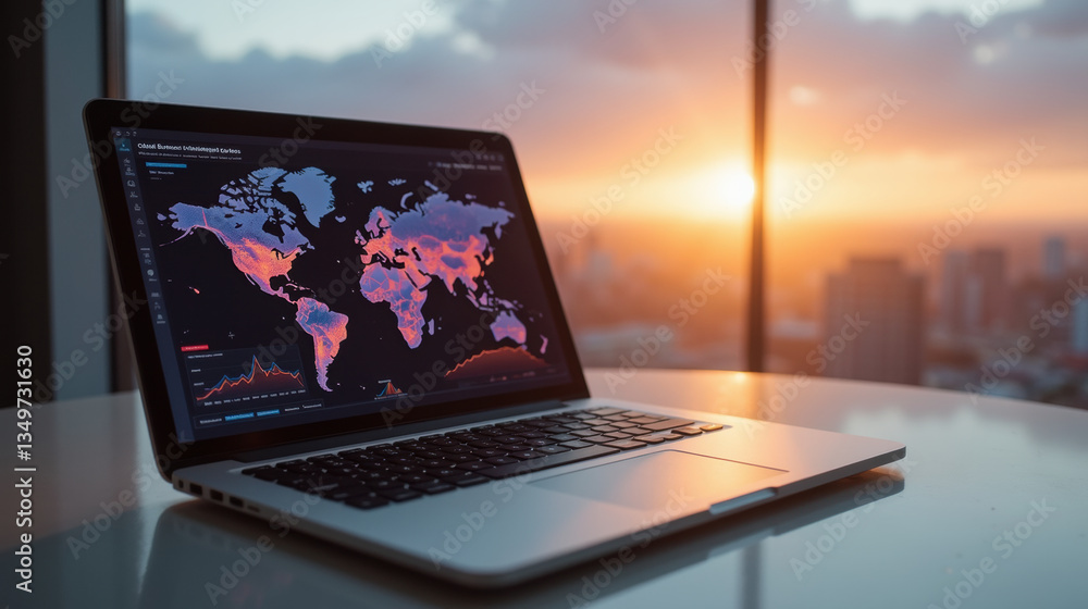 Poster laptop displaying world map with data visualizations against sunset backdrop. scene conveys sense of