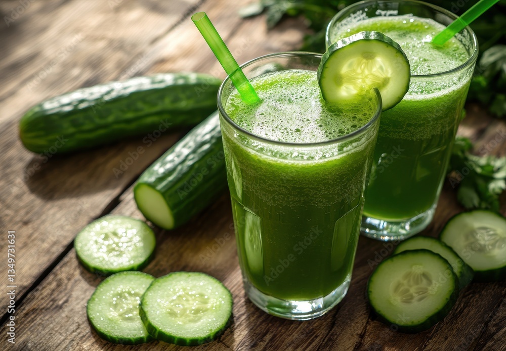 Poster refreshing cucumber juice served in clear glasses with fresh cucumber slices on wooden surface in na