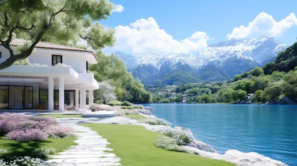 Fototapeta premium Picturesque lakefront home with stunning mountain views. Modern villa nestled beside a serene lake, surrounded by lush greenery, and majestic mountains in the background. \