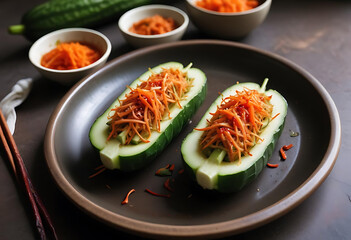 Traditional korean oi sobagi with spicy cucumber and carrot salad.