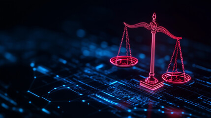 Digital Justice Scale on Futuristic Cyber Background
