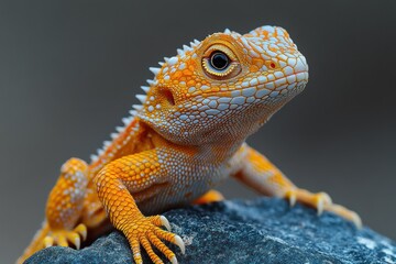 Obraz premium Orange lizard perched on rock, blurred background, wildlife photography