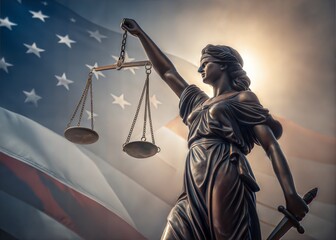 Lady Justice Statue Holding Scales of Justice Against American Flag