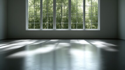 Fototapeta premium Empty room with large window overlooking trees. Sunlight streams in, casting shadows on the polished floor