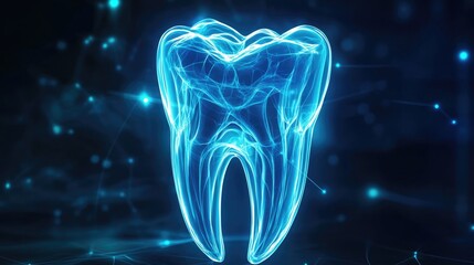 Glowing neon tooth hologram with digital connections and light effects