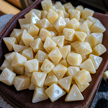Creamy-colored dice in a leather tray; tabletop gaming; close-up shot; suitable for game-related websites or blogs
