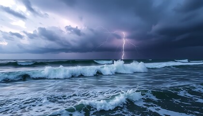 Dramatic Ocean Waves Crashing During a Powerful Thunderstorm with a Stunning Lightning Strike
