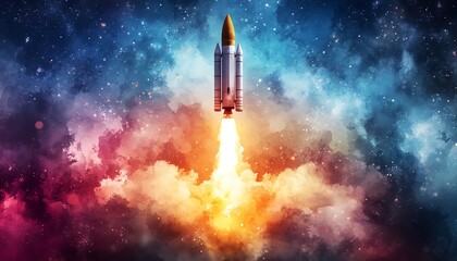 A vibrant watercolor illustration of a rocket launching into the sky
