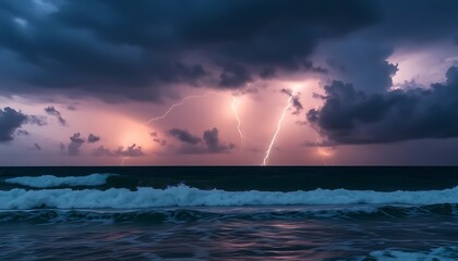 Dramatic Ocean Waves Crashing on Shore During a Stunning Nighttime Lightning Storm