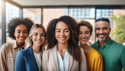 Group of Diverse Smiling Professionals Posing in an Office Setting. Generative AI
