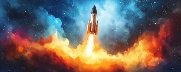 A vivid watercolor illustration of a rocket soaring toward the sky
