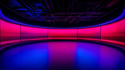 Futuristic Digital News Studio with Blue Lighting
