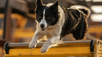 Agile border collie skillfully jumping over a bench in an exciting agility course on a sunny day, showcasing athleticism and training.
