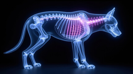 Anatomical illustration of dog showing skeletal structure and organs
