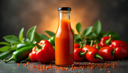 Glass Bottle of Bright Orange Hot Sauce with Black Cap Surrounded by Fresh Red and Green Peppers – Vibrant Spicy Condiment, Chili, Pepper Flakes, Flavorful Food, Heat, and Spice Concept