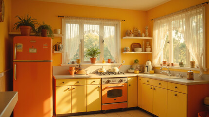 Fototapeta premium bright and cheerful kitchen featuring orange appliances, yellow cabinets, and plants. warm atmosphere invites comfort and creativity