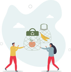 Environmental friendly packaging with eco recyclable bag.Grocery shopping with organic and reusable container without plastic.flat character life .