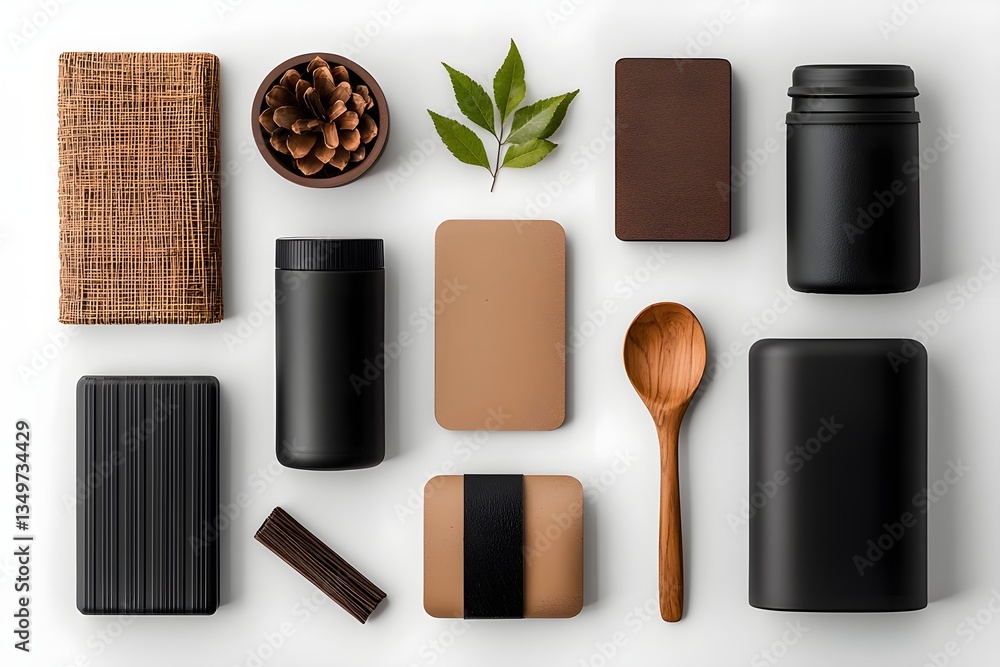Poster minimalist and organized flat lay composition featuring an assortment of storage containers includin